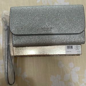 New Kate Spade Silver boxed Glitter flap phone Wristlet